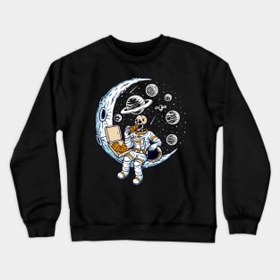 Funny Skeleton Astronaut Eating Pizza on a Dead Moon Crewneck Sweatshirt